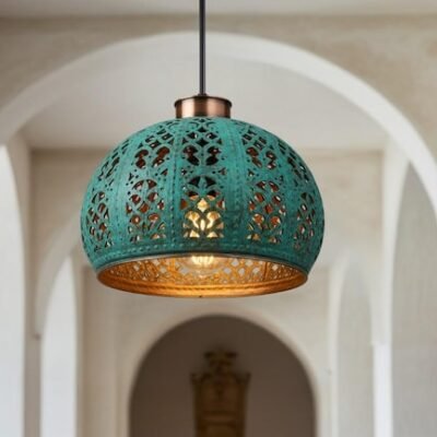 Handmade Copper Dome Pendant Light: Green Patina, Industrial Style