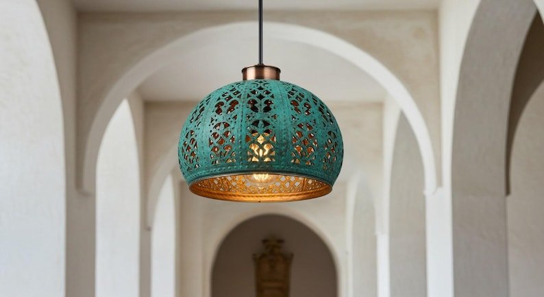 Handmade Copper Dome Pendant Light: Green Patina, Industrial Style
