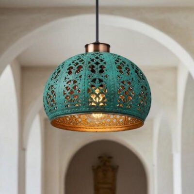 Handmade Copper Dome Pendant Light: Green Patina, Industrial Style