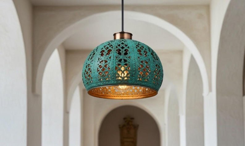 Handmade Copper Dome Pendant Light: Green Patina, Industrial Style