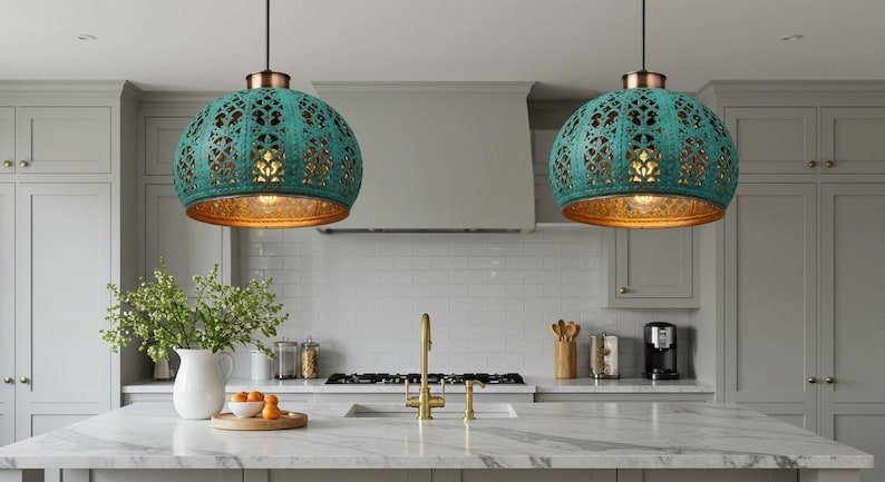 Set of 2 Turquoise Patina Moroccan Cutout Dome Pendant Lights