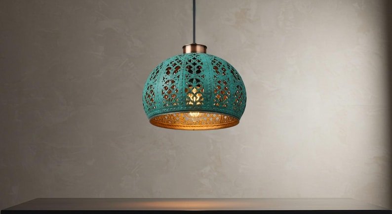 Handmade Copper Dome Pendant Light: Green Patina, Industrial Style