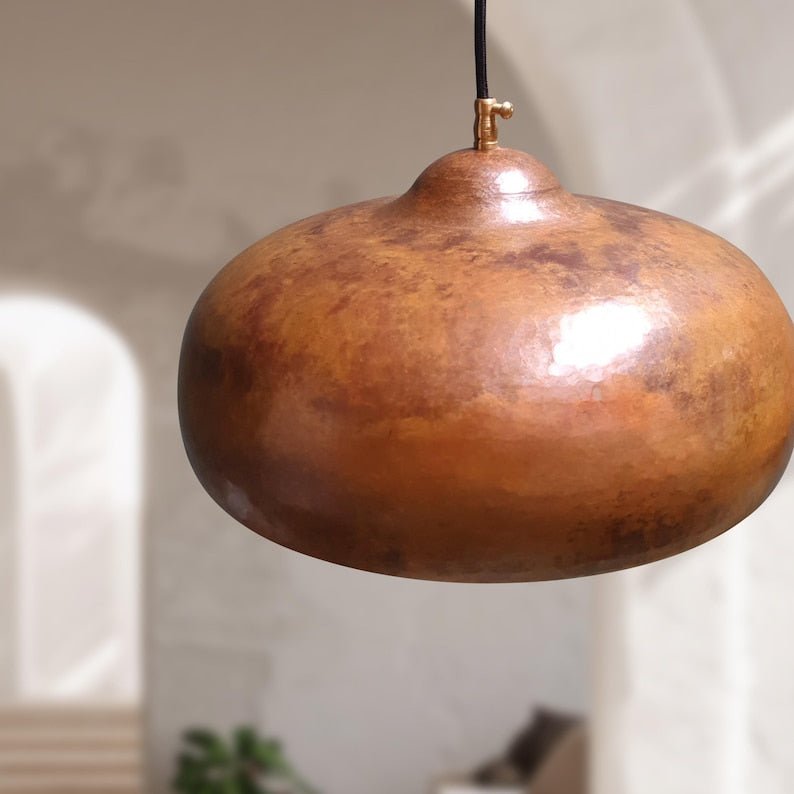 Hammered Copper Dome Pendant Light: Oxidized Kitchen Island Lighting
