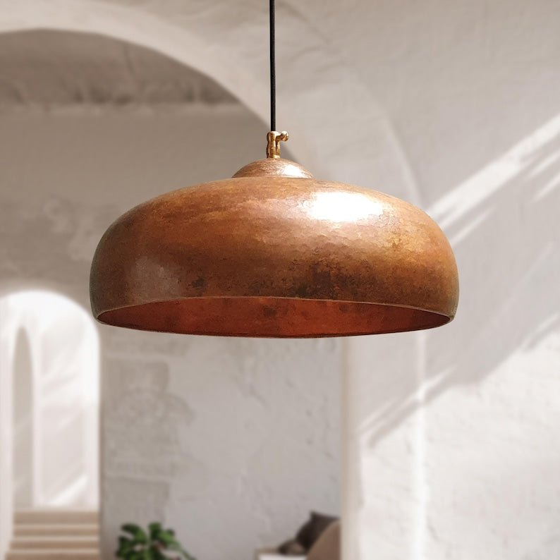 Hammered Copper Dome Pendant Light: Oxidized Kitchen Island Lighting