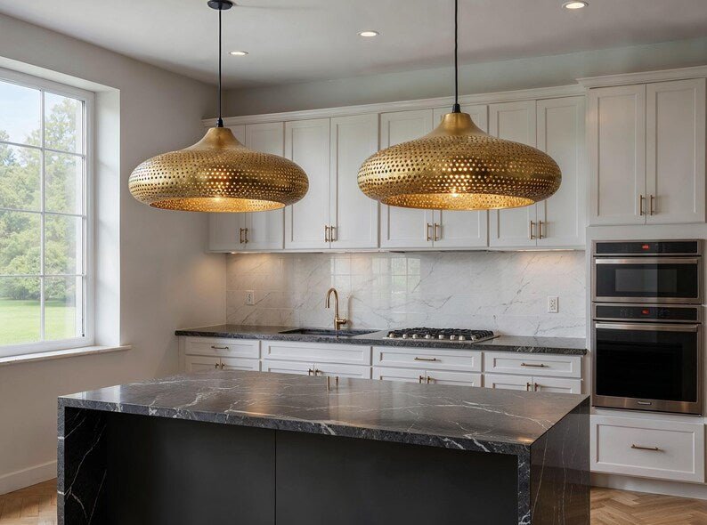 Handmade Moroccan Brass Pendant Light: Dome Ceiling Lamp, Kitchen Island Lighting