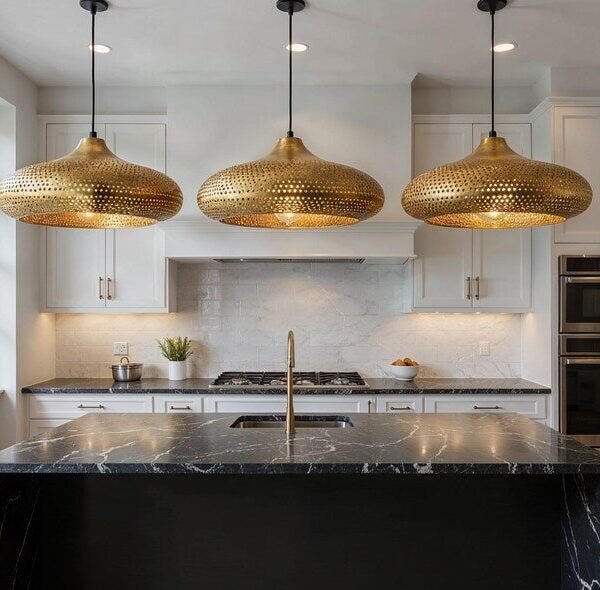 Set of 3 Brass Perforated Disc Pendant Lights