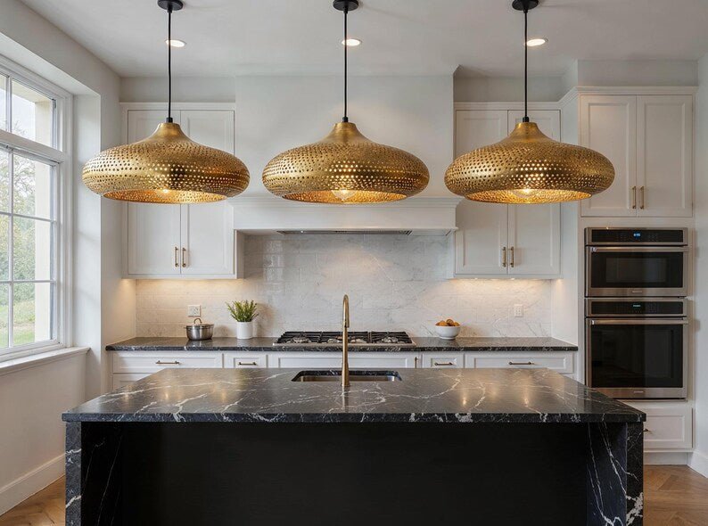Handmade Moroccan Brass Pendant Light: Dome Ceiling Lamp, Kitchen Island Lighting