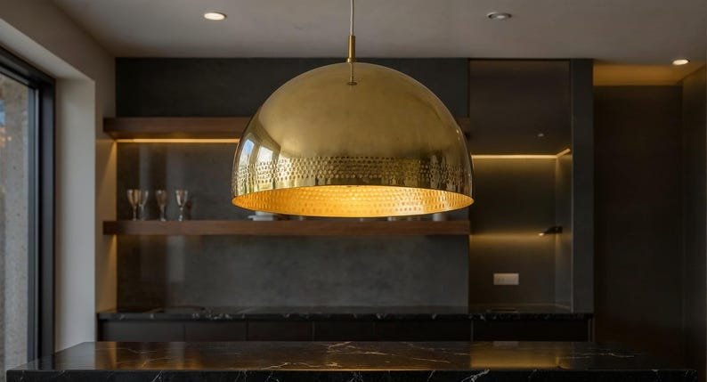 Large Brass Dome Pendant Lamp: Moroccan Perforated Ceiling Light