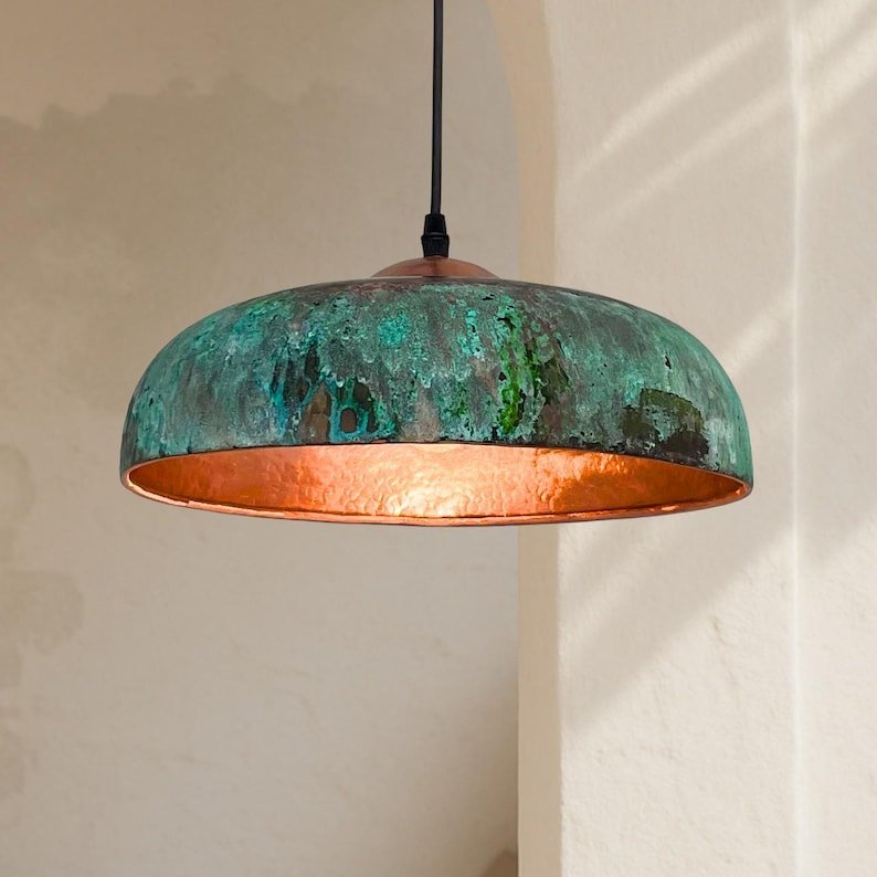 Green Copper Farmhouse Light,Green Patina Copper Pendant Lamp, HandCrafted Rustic Copper Island Light, Rustic Dome Pendant Light Fixture