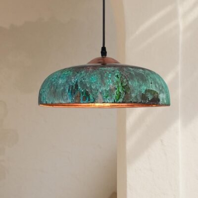 Green Copper Farmhouse Light,Green Patina Copper Pendant Lamp, HandCrafted Rustic Copper Island Light, Rustic Dome Pendant Light Fixture