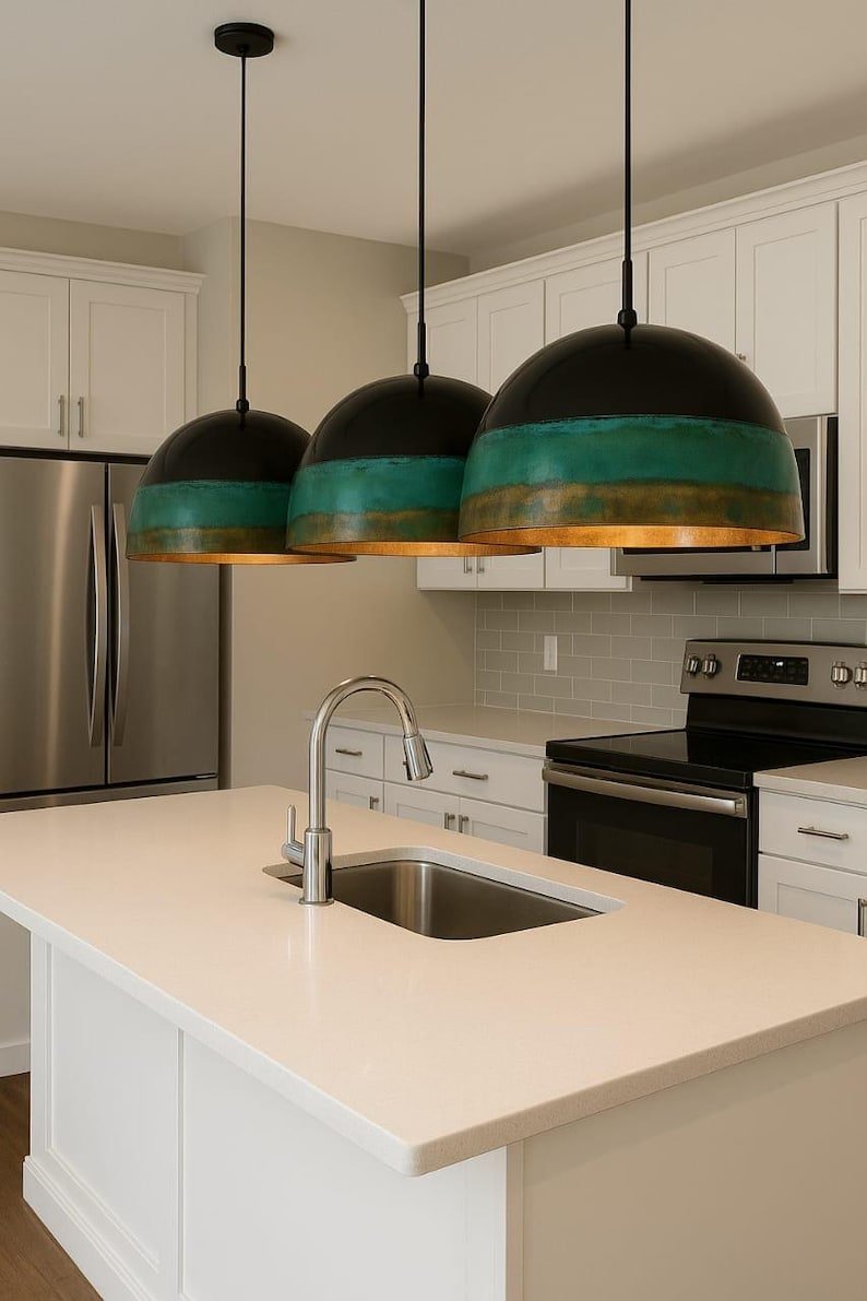 Handcrafted Green Patina Copper Pendant Light - Rustic Island Lighting