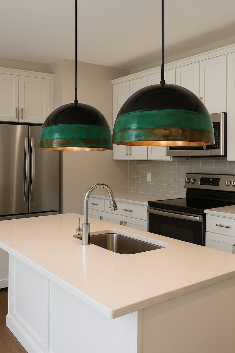 Handcrafted Green Patina Copper Pendant Light - Rustic Island Lighting