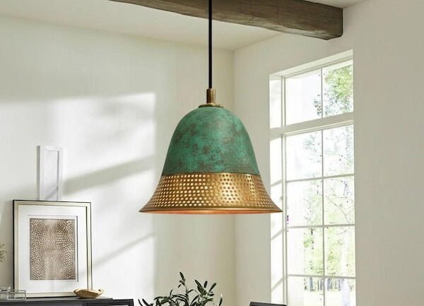 Handmade Green Patina Bell Pendant Perforated Copper Ceiling Light