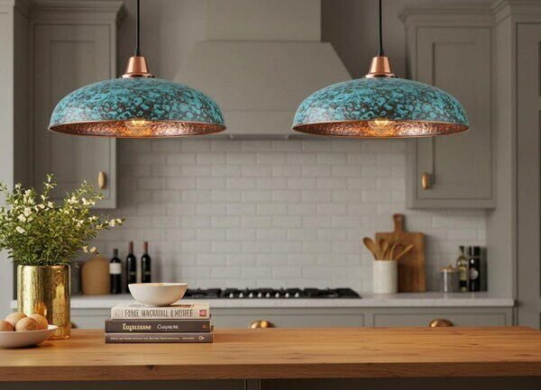 Set of 2 Turquoise Patina Copper Pendant Lights
