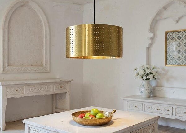 Pierced Brass Drum Pendant Light Handcrafted Moroccan Ceiling Lamp