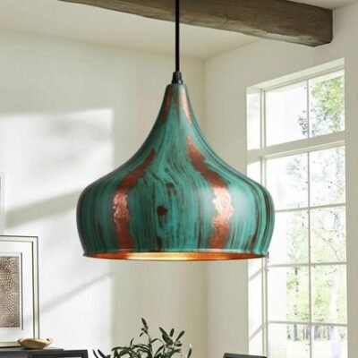 Handcrafted Copper Pendant Light: Green Patina Dome, Moroccan Style