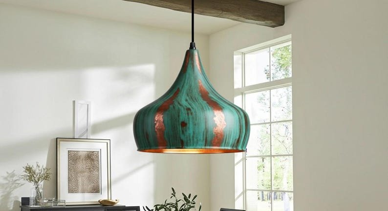 Handcrafted Copper Pendant Light: Green Patina Dome, Moroccan Style
