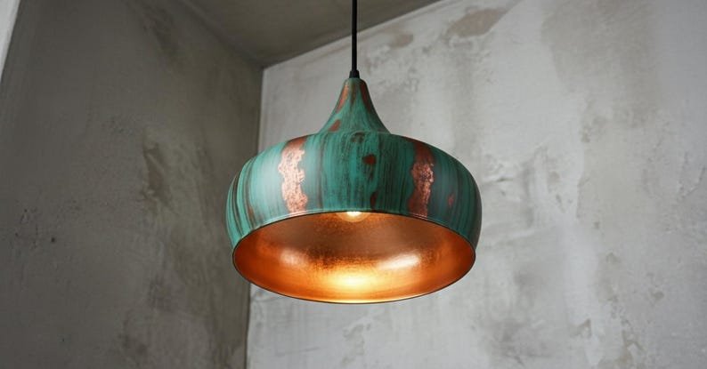 Handcrafted Copper Pendant Light: Green Patina Dome, Moroccan Style