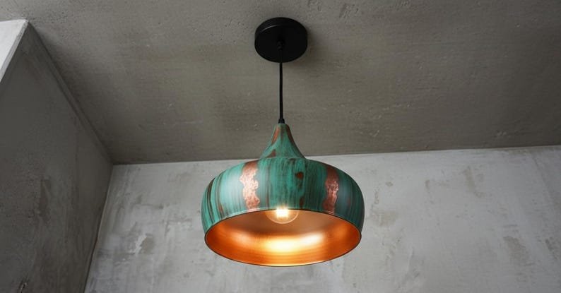 Handcrafted Copper Pendant Light: Green Patina Dome, Moroccan Style