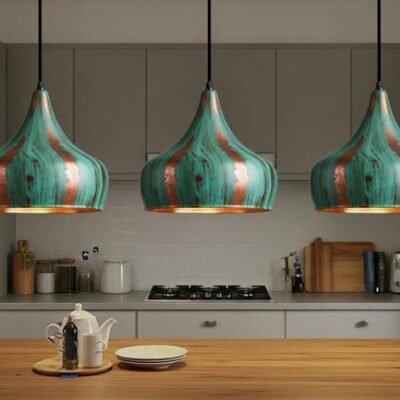Handcrafted Copper Pendant Light: Green Patina Dome, Moroccan Style