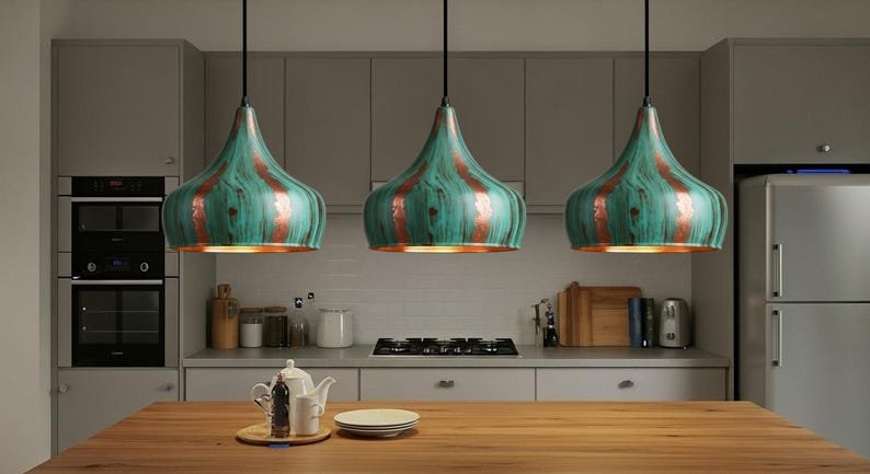 Handcrafted Copper Pendant Light: Green Patina Dome, Moroccan Style