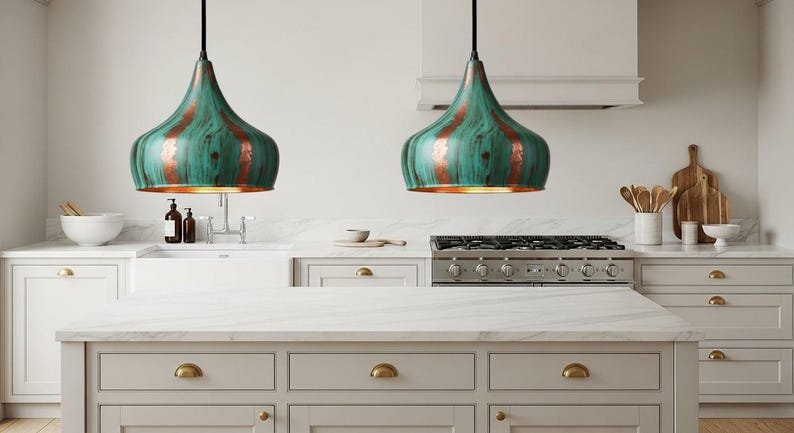 Handcrafted Copper Pendant Light: Green Patina Dome, Moroccan Style