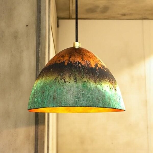 Oxidized Gradient Copper Dome Pendant Light  Rustic Green Patina Lamp