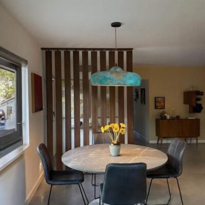 Flat Dome Copper Pendant Light – Oxidized Ceiling Lamp with Green Patina Finish for Decor