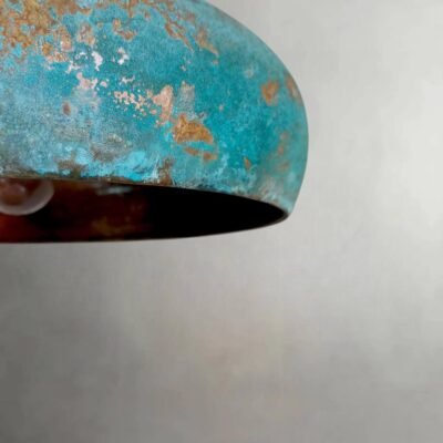 Flat Dome Copper Pendant Light – Oxidized Ceiling Lamp with Green Patina Finish for Decor