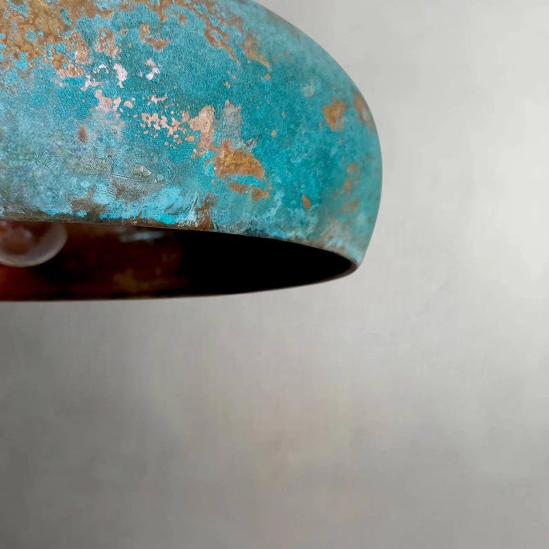 Flat Dome Copper Pendant Light – Oxidized Ceiling Lamp with Green Patina Finish for Decor