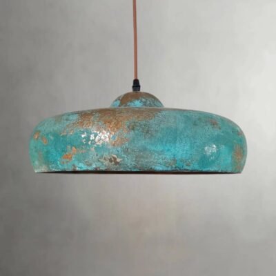 Flat Dome Copper Pendant Light – Oxidized Ceiling Lamp with Green Patina Finish for Decor
