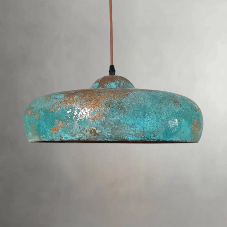 Flat Dome Copper Pendant Light – Oxidized Ceiling Lamp with Green Patina Finish for Decor