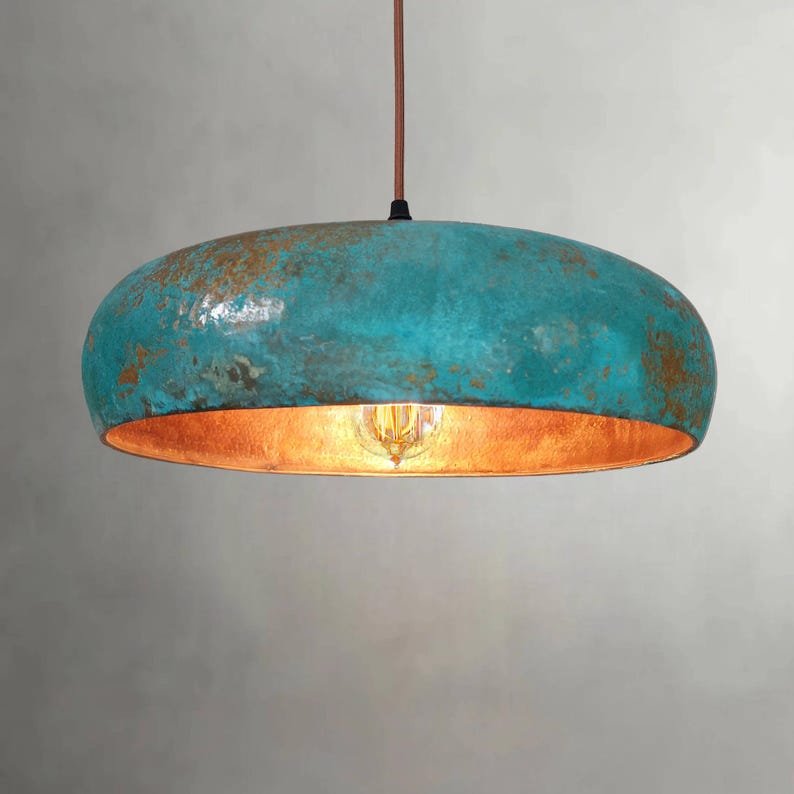 Flat Dome Copper Pendant Light – Oxidized Ceiling Lamp with Green Patina Finish for Decor