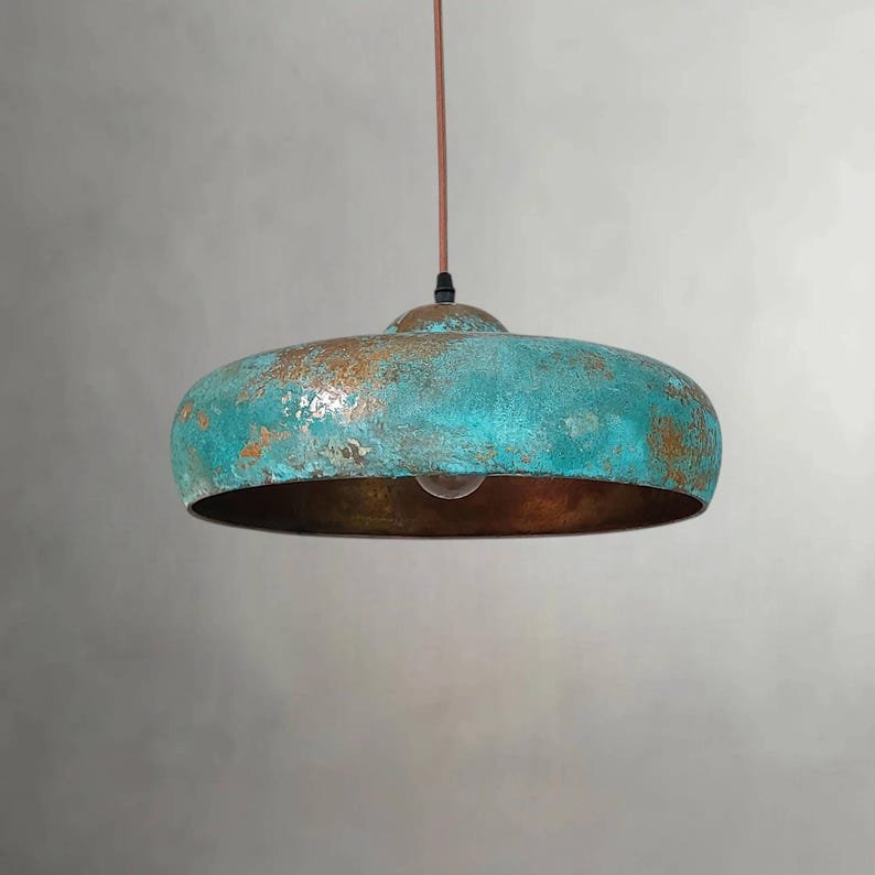 Flat Dome Copper Pendant Light – Oxidized Ceiling Lamp with Green Patina Finish for Decor