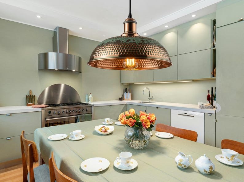 Oxidized Copper Kitchen Island Lighting , Green Patina Pendant Light