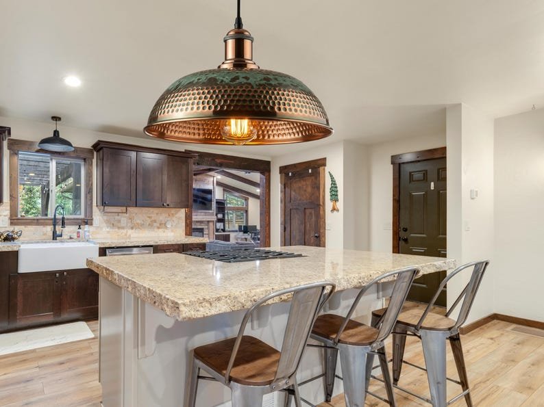 Oxidized Copper Kitchen Island Lighting , Green Patina Pendant Light