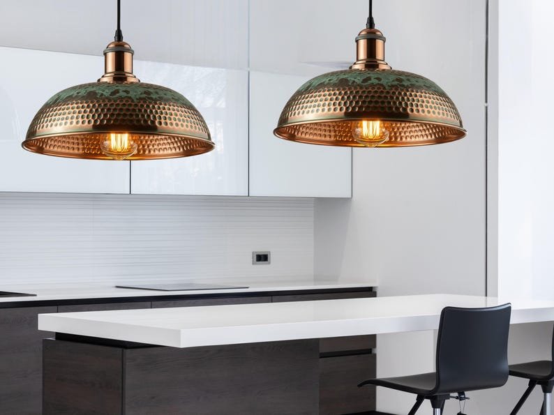 Oxidized Copper Kitchen Island Lighting , Green Patina Pendant Light