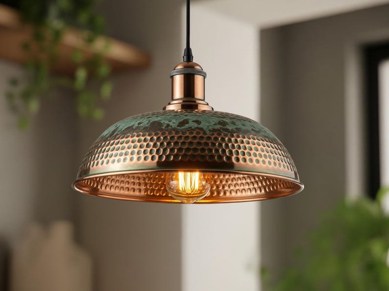 Oxidized Copper Kitchen Island Lighting , Green Patina Pendant Light
