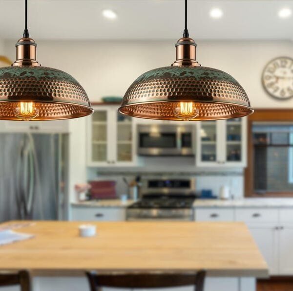 Set of 2 Hammered Copper Green Patina Dome Pendant Lights
