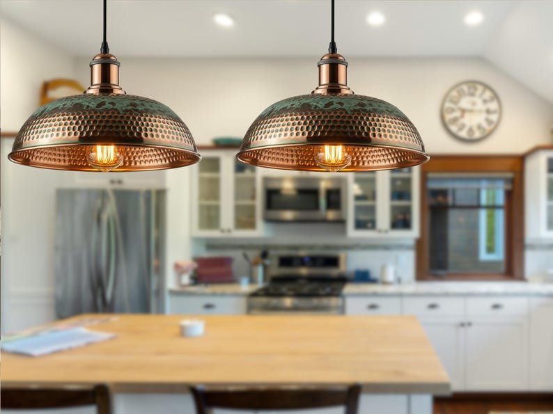 Oxidized Copper Kitchen Island Lighting , Green Patina Pendant Light