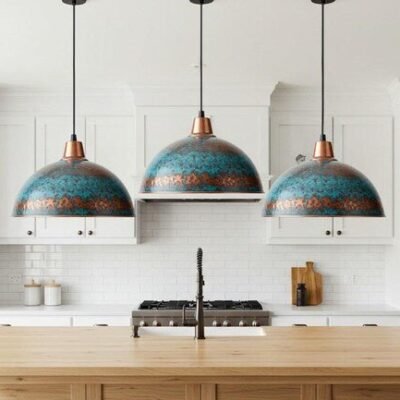 Turquoise Patina Copper Dome Pendant Light Handmade Kitchen Island Lamp