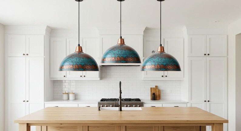 Turquoise Patina Copper Dome Pendant Light Handmade Kitchen Island Lamp