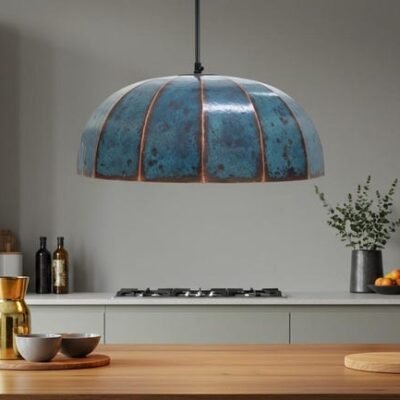 Handmade Copper Dome Pendant Light: Rustic Blue Patina Industrial Lamp