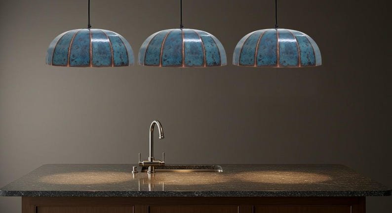 Handmade Copper Dome Pendant Light: Rustic Blue Patina Industrial Lamp