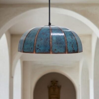 Handmade Copper Dome Pendant Light: Rustic Blue Patina Industrial Lamp