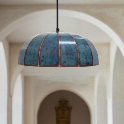 Handmade Copper Dome Pendant Light: Rustic Blue Patina Industrial Lamp