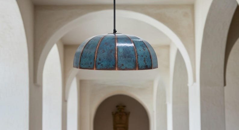 Handmade Copper Dome Pendant Light: Rustic Blue Patina Industrial Lamp