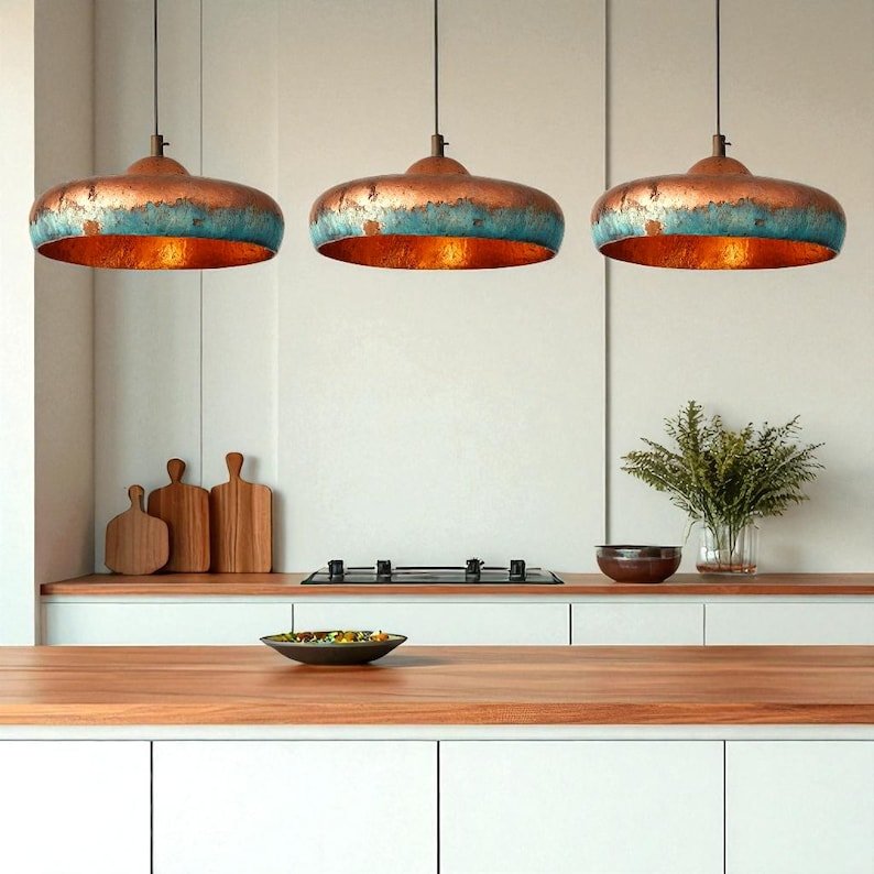 Handmade Blue Patina Copper Dome Pendant Light - Rustic Chandelier