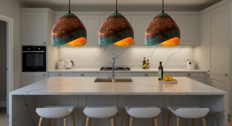 Handmade Copper Dome Pendant Light: Green Patina Rustic Farmhouse Lighting