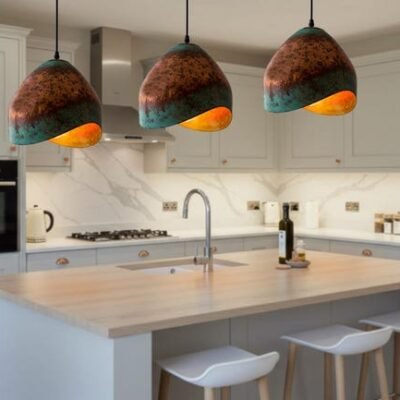 Handmade Copper Dome Pendant Light: Green Patina Rustic Farmhouse Lighting